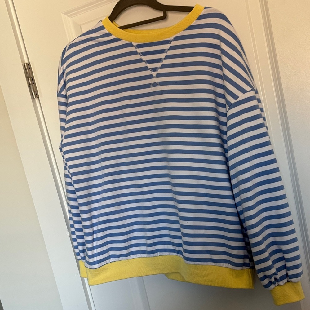 Blue and White oversized Striped Sweater with Yellow Accents